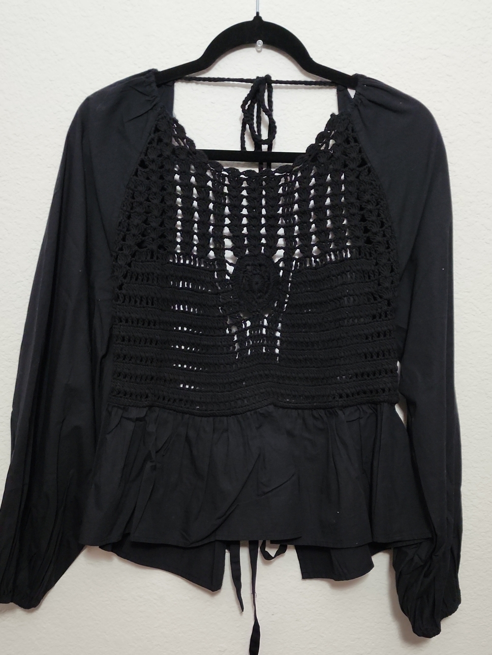 ASOS Black Crochet-Front Long Sleeve Blouse
